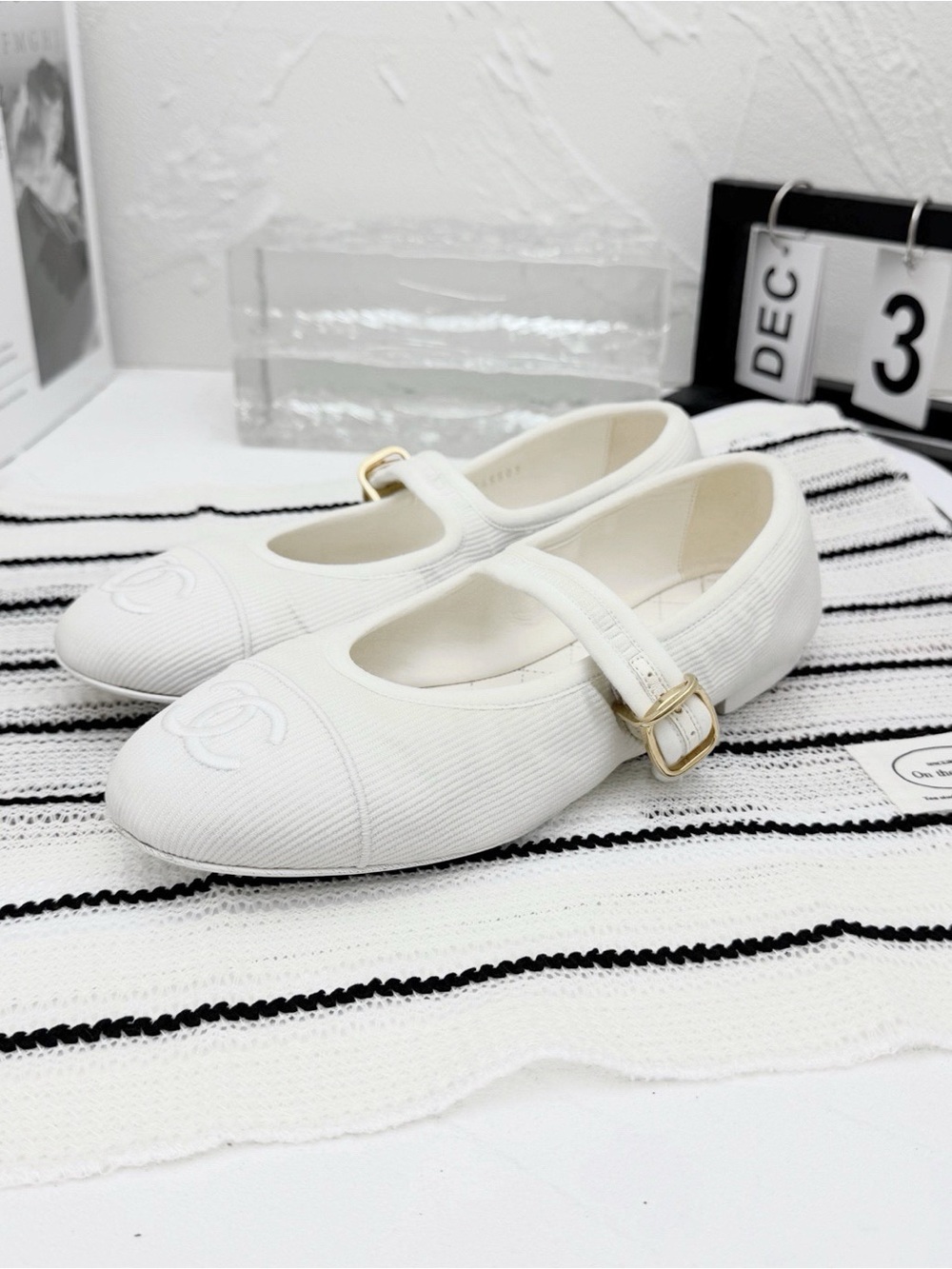 CHANEL White Mary Jane Ballet Flats with Gold Buckle